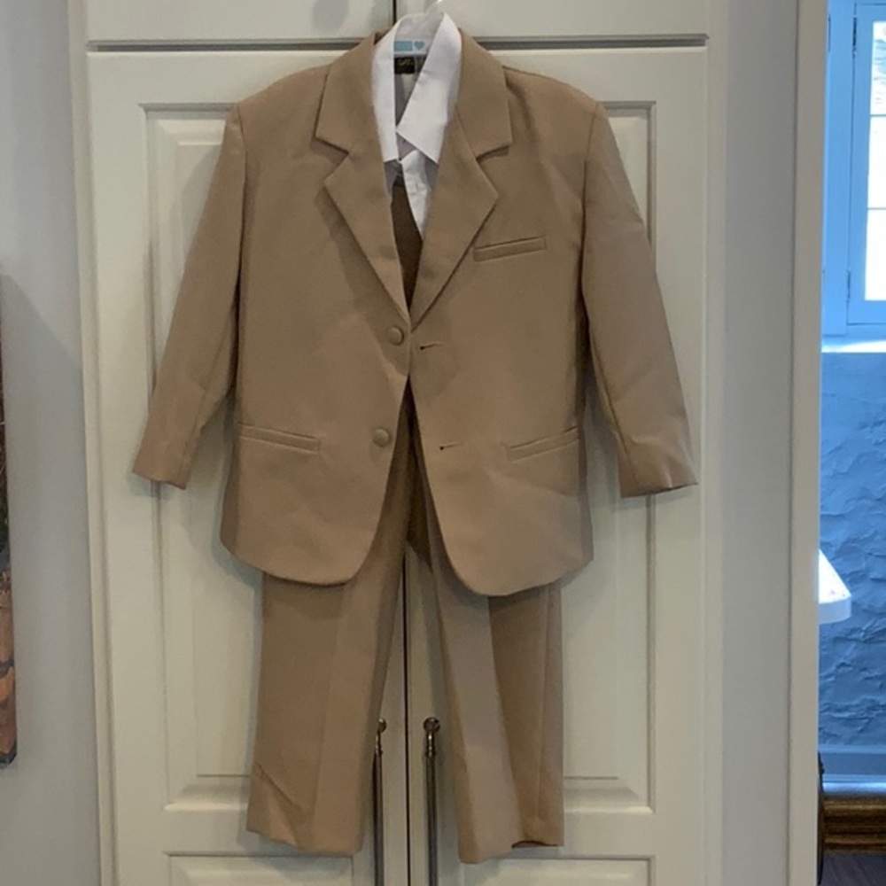 Boys khaki suit. Includes shirt, vest, tie, jacket and pants